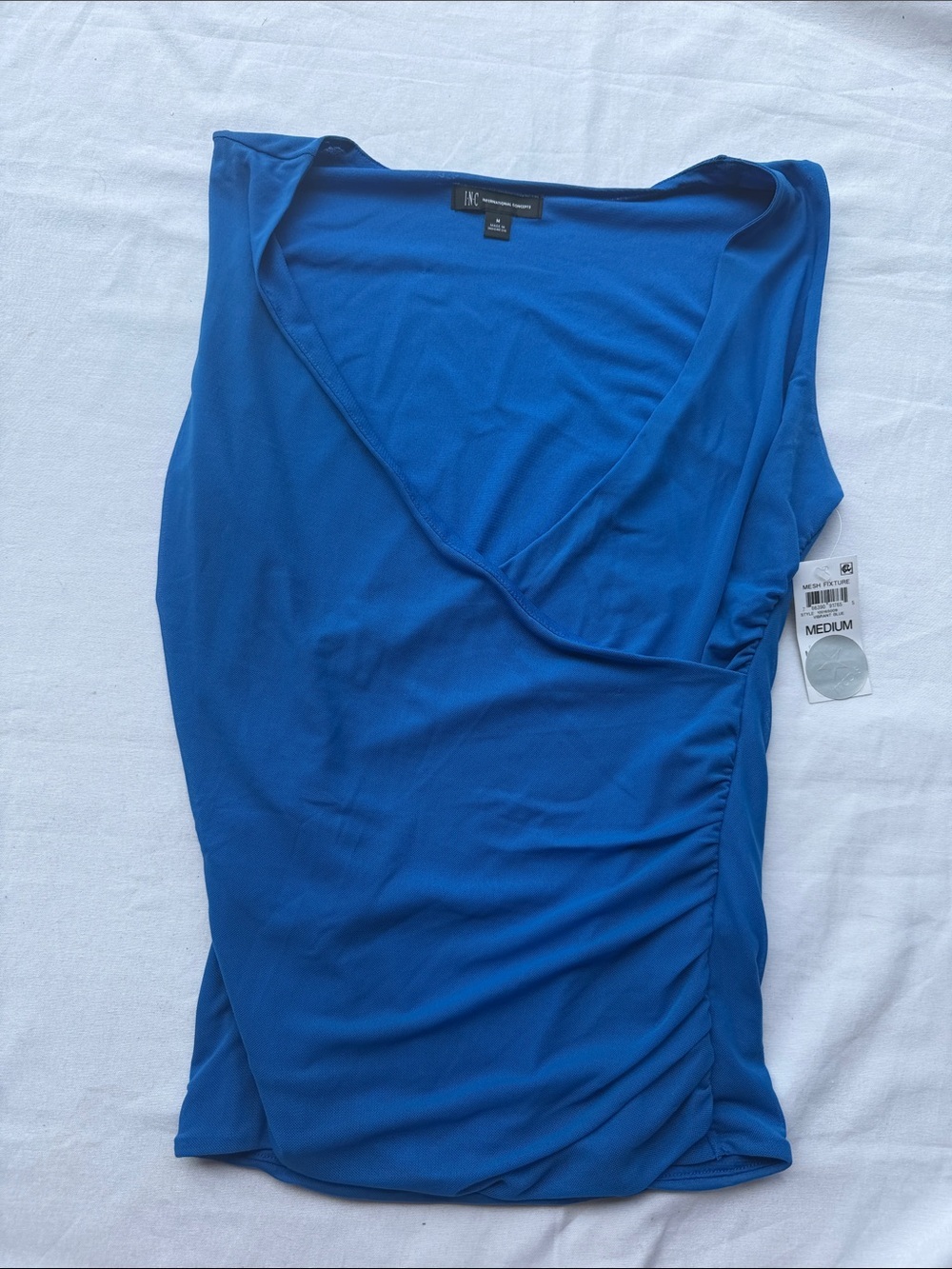 INC Women's Cobalt Blue V-Neck Ruched Side Top